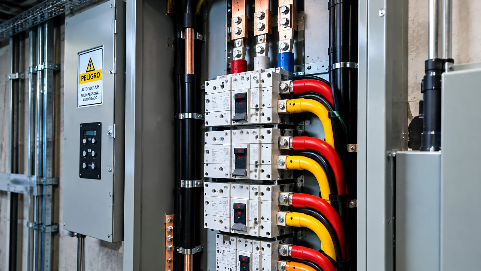 Detalle de interruptores, barras de cobre y conductores de colores en un tablero eléctrico.