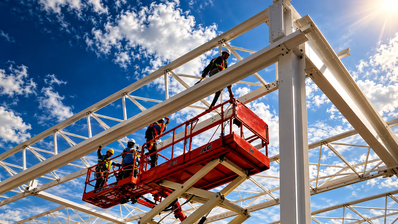 Personal sobre una plataforma elevadora trabajando en una estructura de vigas metálicas.