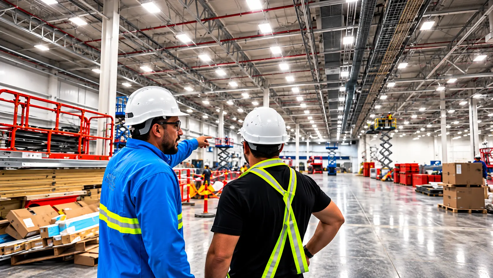 Dos técnicos observando la infraestructura y las áreas de trabajo de una nave industrial.