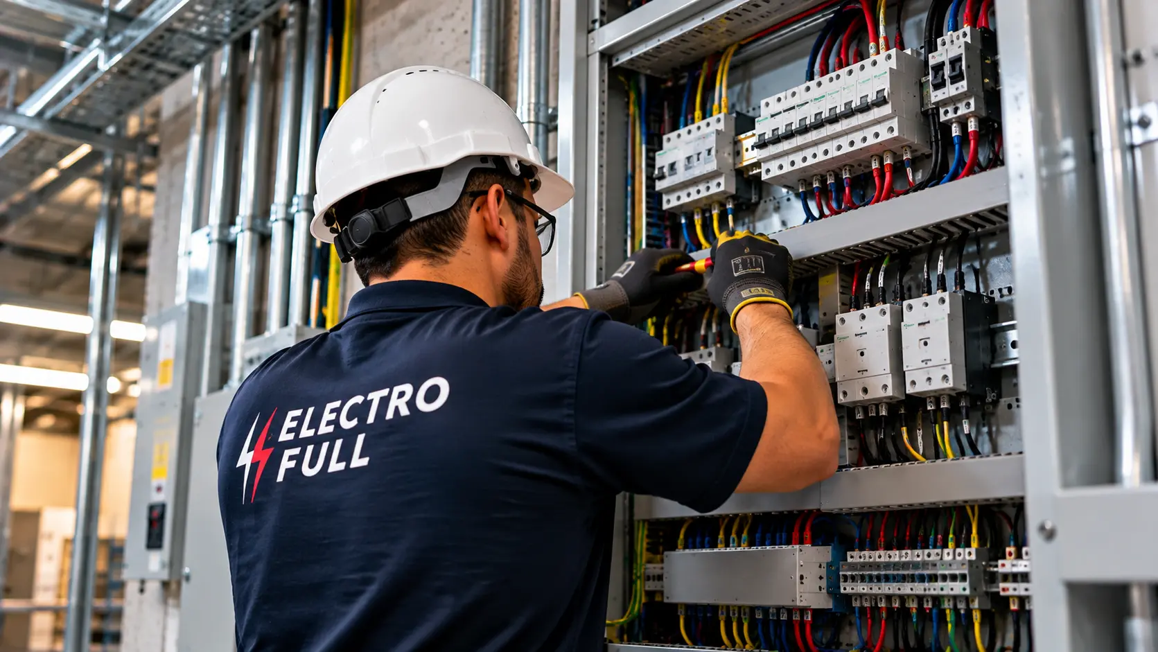 Técnico de ELECTROFULL revisando conductores e interruptores en un tablero eléctrico abierto.