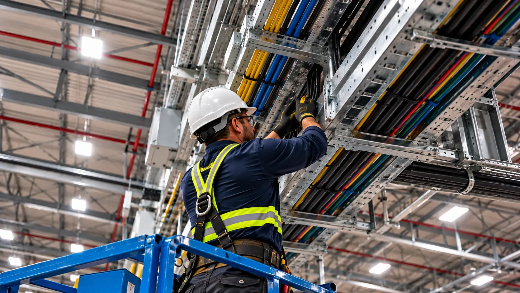 Técnico en plataforma elevadora trabajando sobre cableado y bandejas en una instalación industrial.