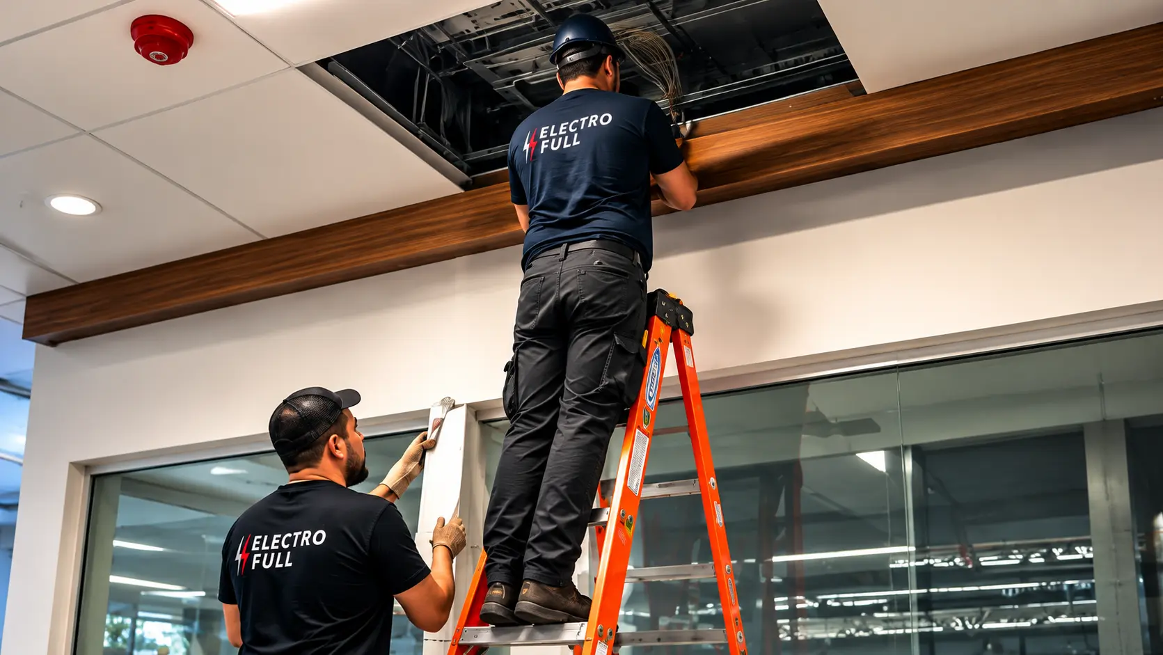 Personal de ELECTROFULL revisando instalaciones sobre un cielo raso con apoyo de una escalera.