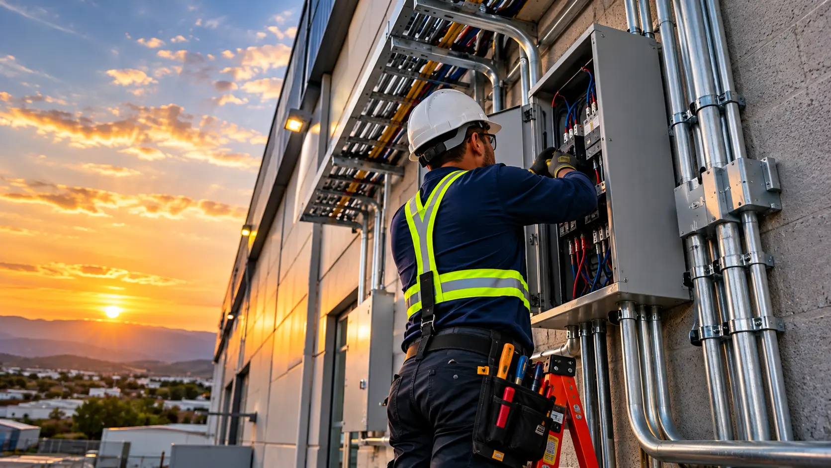 Técnico interviniendo un tablero eléctrico exterior conectado a canalizaciones metálicas.