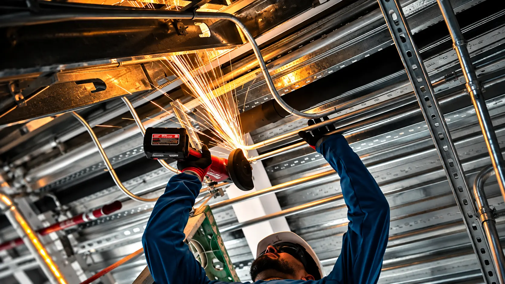 Técnico trabajando con una herramienta de corte entre canalizaciones y bandejas metálicas.